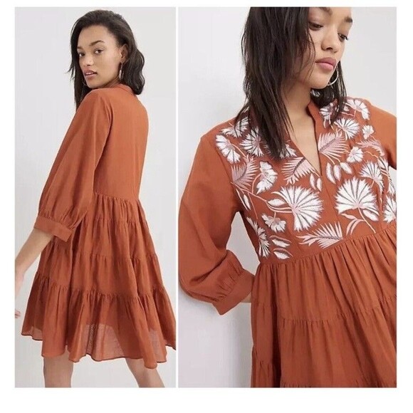 Anthropologie Samant Chauhan Dress M Embroidered Tiered Mini Babydoll Spice Boho - Picture 1 of 15